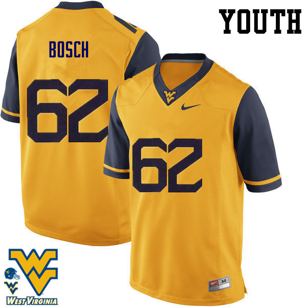Youth #62 Kyle Bosch West Virginia Mountaineers College Football Jerseys-Gold - Click Image to Close